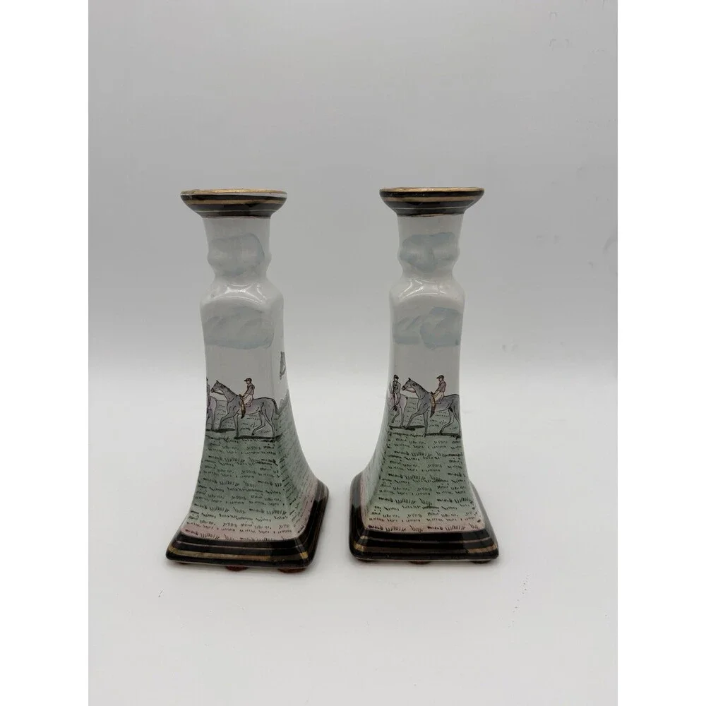 Vintage Chinese Equestrian Hand-Painted Porcelain Candle Holder by Nieman Marcus